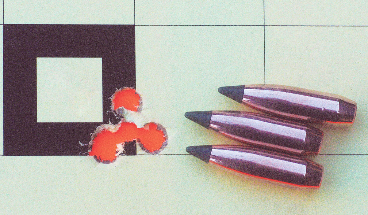 This is a 100-yard, five-shot group shot with Sierra 90-grain BlitzKing bullets from the custom Howa with a 22-inch Krieger barrel.